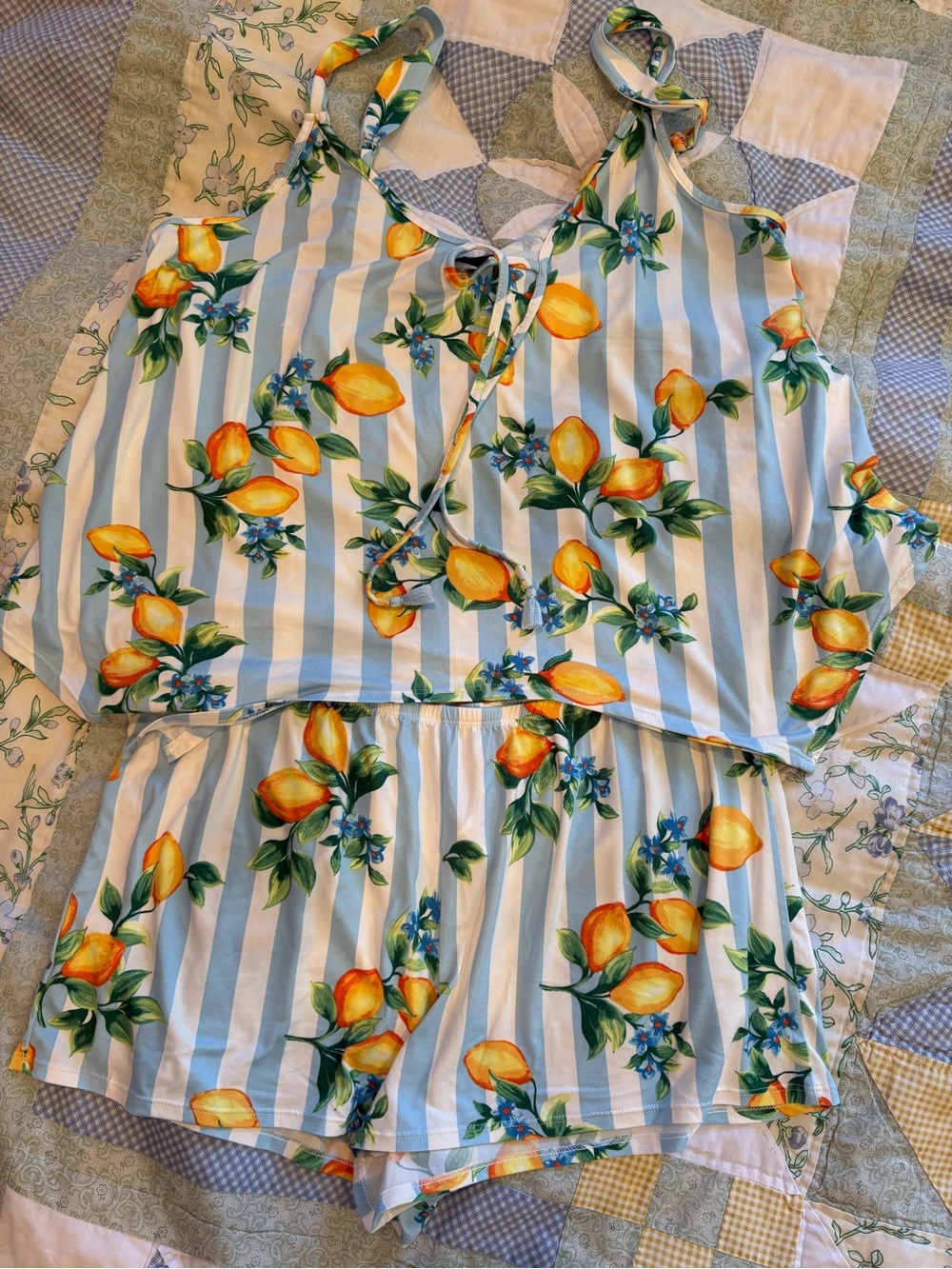 Striped Lemon Print Tie-Shoulder Pajama Set - White & Yellow